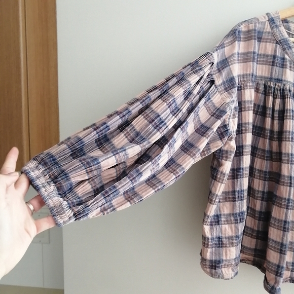 Free People We The Free Jessi Plaid Pleated Trapeze Top Balloon Sleeves Large - Picture 8 of 16